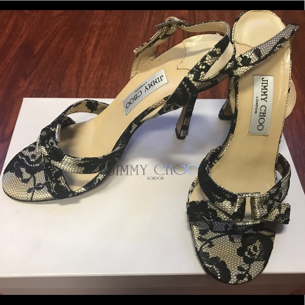 Size 38 Black Lace Jimmy Choo Slingback Heels
